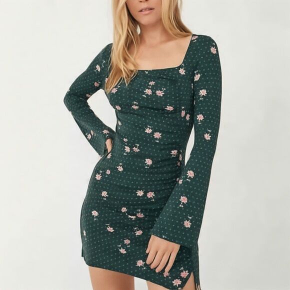 NWT Free People Celia Floral Square Neck Mini Dress Green Women’s Size Small New - Picture 12 of 15